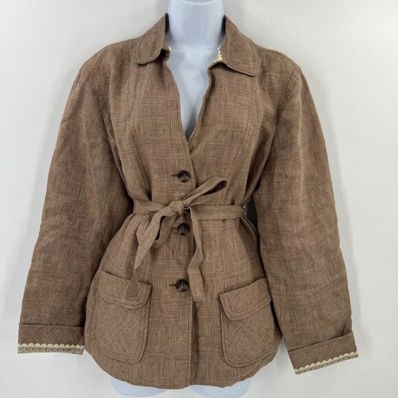 Coldwater Creek Linen Jacket M Brown Plaid Belted Button Front Lined Lace Trim - Picture 1 of 12